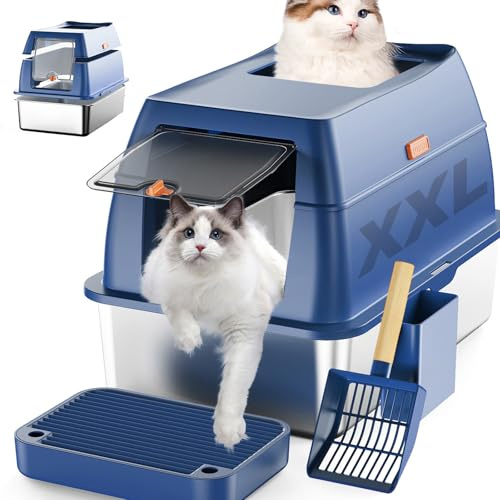 COOLYNX Arenero para Gatos Cubierto de Acero Inoxidable, XXL Caja de Arena para Gato, para Gatos Metal Extraíble, Arenero Gato Grande, con Pala, Sin Olor, Prueba de Fugas con Borde Alto