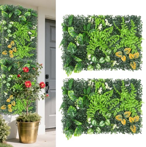 2 Pannelli Pannelli Murali Verde Artificiale, Muro Piante Artificiali con Fiori, Muro Verde Simulato, Adatto per Interni, Esterni, Muro, Balcone, Giardino, Decorazione di Sfondo Nozze 60 * 40CM (C)
