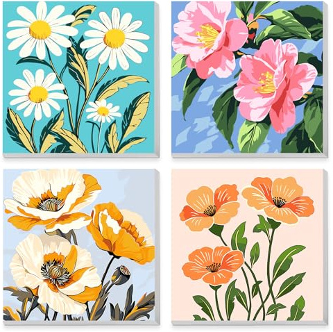 MAXBYE 4 Pack Paint by Numbers for Children Adults with Frame, Flowers Paint by Numbers on Canvas for Kids 4-8-12, DIY Painting Kits Pigment Drawing for Home Wall Decor Birthday Gifts 20x20 cm