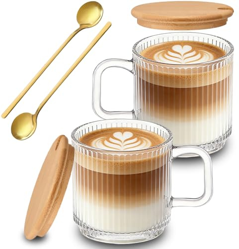 hosck Kaffeebecher-Set, 480 ml, klare Kaffeetassen, Kaffeegläser-Set mit Deckel und Löffel, spülmaschinenfest & mikrowellengeeignet