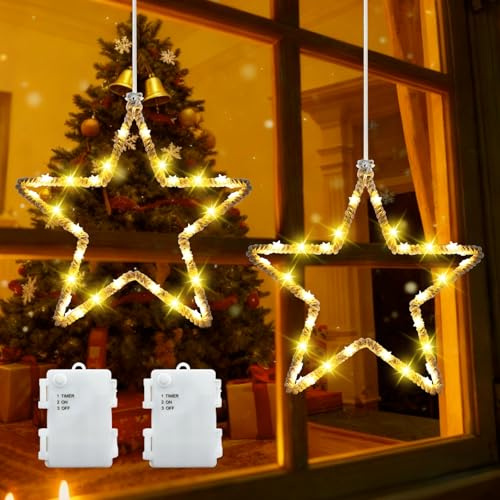 Bzavor 30CM LED Weihnachtsbeleuchtung Fenster 2 Stück Weihnachtsdeko Fenster Beleuchtet,IP65 Weihnachtsstern Fenster,Weihnachtsstern Beleuchtet,Weihnachtsdeko Innen,Weihnachtsbeleuchtung Innen Fenster