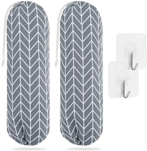 GNEGNI LIFE 2Pcs Plastic Bag Holder, Foldable Grocery Bag Dispenser with Large Capacity & Drawstring, Wall Mount for Kitchen Pantry Organization (Parallelogram Gray)