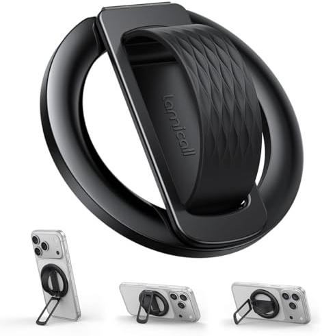Lamicall Magnetic Phone Grip Holder for MagSafe - [Soft Silicone Loop] Vertical Cell Phone Zinc Alloy Ring Stand Kickstand, Magnet Finger Grip for iPhone 17/16/15/14/13/12 Series, Other Use Metal Ring