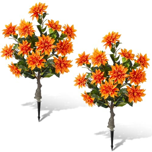 Daifunli 2 Pack 31.5 Artificial Dahlia Flowers Tree with Ground Spikes, Faux Flower Floral Blooming Plants Tree for Garden Front Door Office Home Porch Indoor Outdoor Spring Decor (Orange)