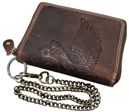 MDM Portafoglio da uomo in pelle con catena, vintage, protezione RFID, design motore e ali, 8 scomparti per carte di credito, portamonete, 13 x 10 x 2 cm, marrone, 10.0 X 12.5 X 2.5 Centimeters, Biker