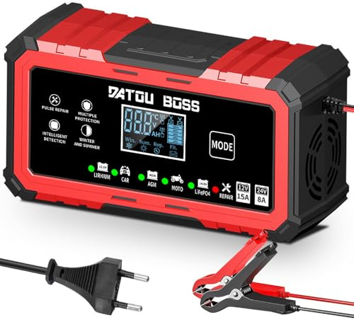 DATOUBOSS 15A Autobatterie Ladegerät 12V/24V, Intelligentes Batteriewartungsgerät Auto mit Reparatur & Temperaturkompensation, für PKW Motorrad Boot, für LiFePO4 Blei-Säure AGM Gel (12V 15A/24V 8A)
