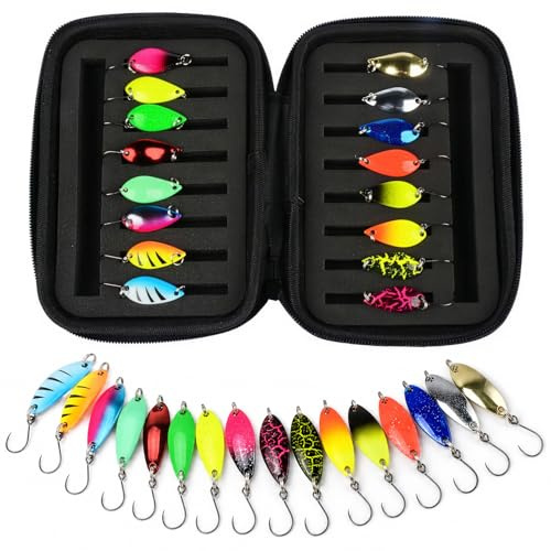 16 Stück Spoons Forelle Set, 2.5g/3.5g/5g Forellenköder mit Aufbewahrungsbox, Kunstköder Spinner Blinker Set, Angelzubehör für Forelle Barsch Hecht Zander, Bunt Metall Löffel
