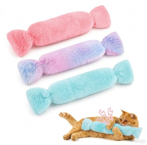 Ficopano 3 Jouets pour Chat, Jouets à l'herbe à Chat, Coussins pour Chat, Jouets en Peluche en Forme de Bonbon avec Papier froissé pour Chats d'intérieur et Chatons (Trois Couleurs Vives)