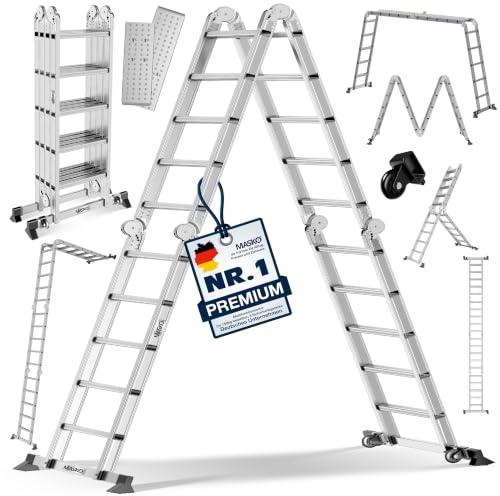 MASKO® Leiter Aluminium 4x5 Stufen, Mehrzweckleiter | - 580 cm | | 150 Kg belastbar, 6in1 multifunktional mit Verriegelung, Gelenkleiter, Anlegeleiter, beidseitige Steh- und Treppenleiter