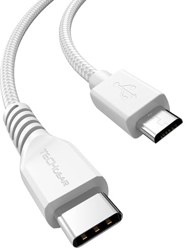 TECHGEAR 2M Long USB C to Micro USB Cable Braided Fast Charge & Data Sync Lead (USB-C Host to Micro USB Device) for Samsung, Moto, Android Phones, PS4 Controller, Cameras, Tablets etc - White