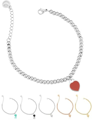 inSCINTILLE Cuore Rock Bracciale Donna a Palline in Acciaio color Argento o Oro, Idea Regalo San Valentino per lei, Bracciale Perline con Cuore Colorato (Rosso, Acciaio inossidabile)