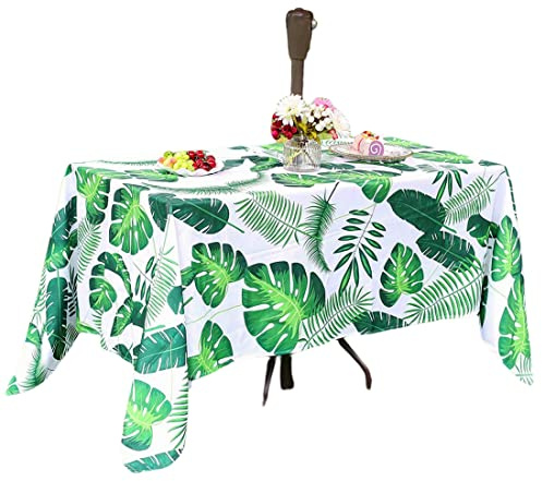 Eternal Beauty 132x178cm Recatngle Palm Leaf Indoor Outdoor Splashproof Tablecloth with Umbrella Hole and Zipper for Patio Garden Party and BBQ (52x70 Inch)