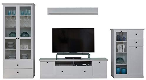 trendteam smart living - Baxter - Anbauwand - Weiß - 2X Vitrine, TV-Unterteil, Wandboard - (BxHxT) 369 x 196 x 41 cm - mit Glastüren, Sockel | B 369 x H 196 x T 41 cm · Vollauszug · für TVs bis 65 Zoll · Metallgriffe · optional mit LED-Beleuchtung