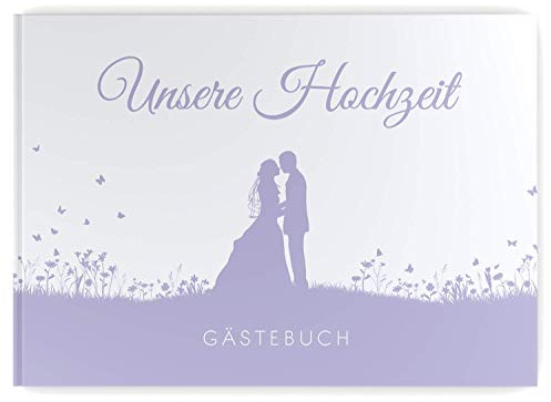 DeinWeddingshop Gästebuch Hochzeit Schmetterling - Hardcover, mit Fragen, A4 Quer, Leaf Couple (Pastell-Flieder/lila)
