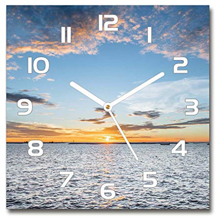 Tulup Horloge en Verre 30x30cm Silencieuse sur Pied Salon Design La Mur Impression Verre Sécurité - Aiguilles d'horloge Blanches - Crépuscule Au Bord De La Mer