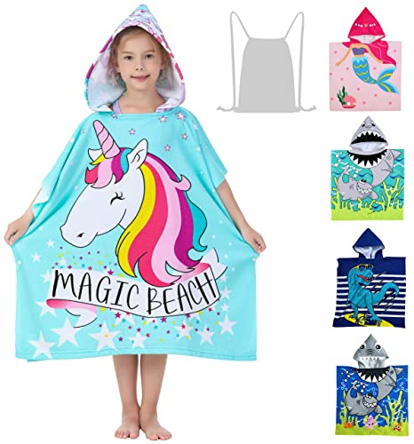 Athaelay Poncho-Handtuch mit Einhorn-Design für Mädchen, ultraweich, Badeanzug, Überzug mit Kordelzug, für 3 bis 10 Jahre, Kinderbad, Strand und Pool