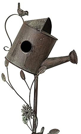 MOCOME Outdoor Bird House with Pole Metal Garden Stake Decor,Watering Can with Flower, Distressed Rustic Birdhouse for Outside, Yard(Rusty 58.5)