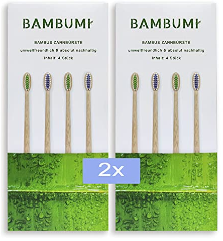BAMBUMI Bambus Zahnbürsten, Umweltfreundliche Holzzahnbürsten - BPA frei, Nachhaltige Produkte, Biologisch abbaubare Handzahnbürsten (8er-Pack grün/blau)