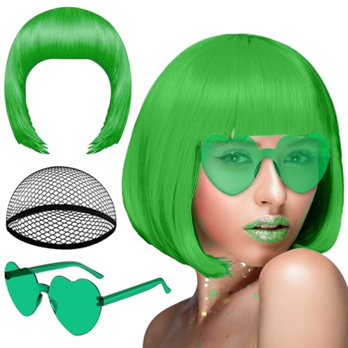 PLULON Dunkelgrün Bob Perücke und Sonnenbrille Set, Neon Kurze Bob Perücke Sonnenbrille Pack Kostüm Bunte Cosplay Perücke Haarteile für Bachelorette Neon Party Favors, Halloween Dekorationen