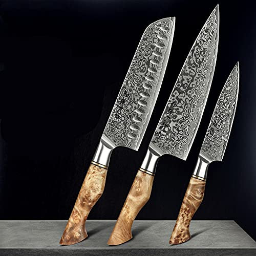 3pc Cuchillo Set Profesional Damasco Steel Utility Santoku Chef Cuchillo para carne VG10 Cocinero Cuchillo de cocina