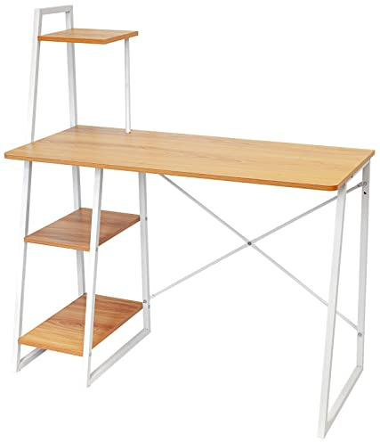 kamelshopping Schreibtisch mit Regal und MDF Holz Platte in Holzoptik, Metallgestell, platzsparend, ca. 50 x 117 x 102 cm, Weiß