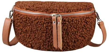 OBC Made in Italy Damen Teddyfell Tasche Plüsch Bauchtasche Hüfttasche Schultertasche Bodybag Umhängetasche Crossbody Teddyplüsch Handytasche Crossbag Gürteltasche Wintertasche Lammfell-Optik Cognac