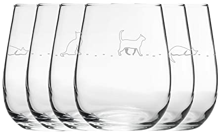 Engraved Cat Pattern Stemless Wine Glasses, Set of Six 12oz/360ml Gaia Glasses, Laser Engraved in The UK, Gift for Her, Gift for Mum, Grandma, Mothers Day, Birthday