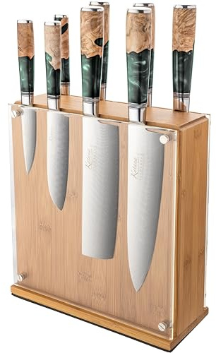 Katana Saya Elements 9-delat knivblock, regnskogsgrön – Högkolhaltigt VG-10 Damaskusstål för extrem hårdhet och skärpa – Handtag i naturligt olivträ och harts
