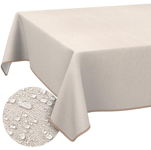 ANRO Tischdecke abwaschbar Damast Beige Grau mit Saum 160x120 cm | mit Saum eingefasst – ideal für Garten, Terrasse & Esszimmer – Gartentischdecke wetterfest – waschbar bei 30 °C