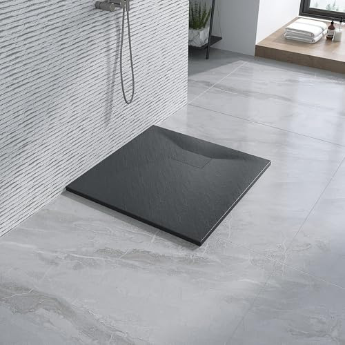 Duschwanne 90x90 cm schwarz flach ebenerdig Steinoptik Anti-Rutsch Zuschneidbar ohne Siphon und Ablaufgarnitur