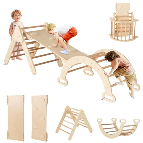 DREAMADE Triangle Escalade Bebe Montessori pour 1+ Ans, Échelle d’Escalade en Bois avec Triangle/Arche/Rampe, Convient pour Enfant à Maternelle, Maison (Naturel)