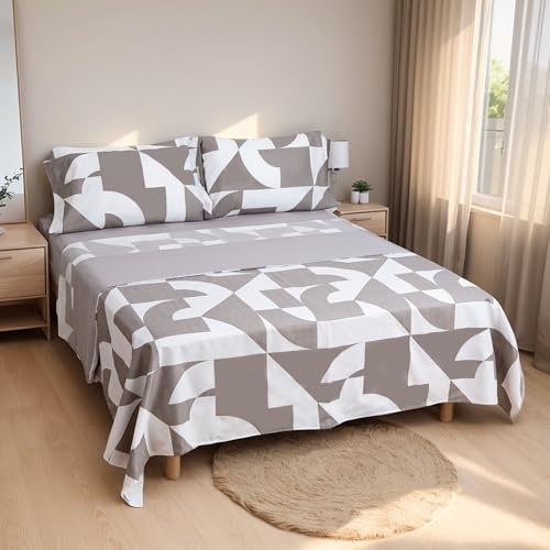 Etrexonline Conjunto de Sábanas 4 Piezas Cama 150 cm - Microfibra Ultra Suave Incluye 1 Bajera 150x200+28 cm, 1 Encimera 230x270 cm, y 2 Fundas de Almohada 50x90 cm - Color Blanco y Gris