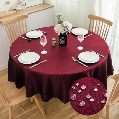 Runde Jacquard-Tischdecke 160 cm, Waterflow-Muster, Weinrot | Wasserabweisendes Finish, Maschinenwaschbar, Weiche Jacquard-Struktur, Pflegeleichtes 100% Polyester, Essen und Feiern