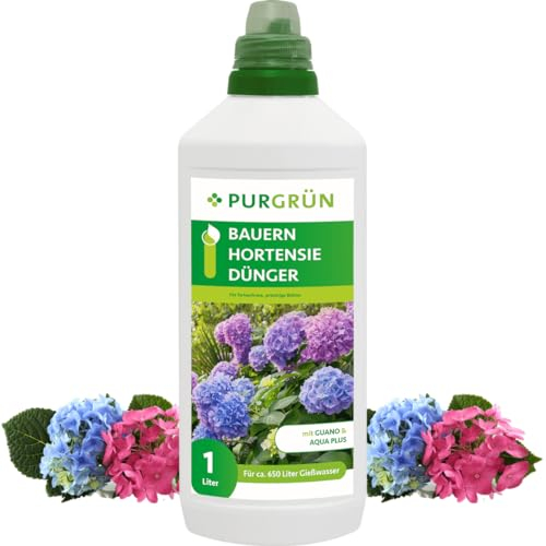 Purgrün® Bauernhortensie-Dünger 1 Liter – Organisch-mineralische Rezeptur – Premium-Flüssigdünger mit Spurennährstoffen – NPK 7+5+6 – Mit Guano für üppige Blüten & robuste Pflanzen