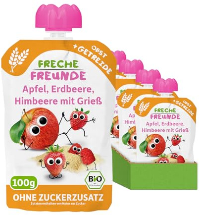 FRECHE FREUNDE Bio Quetschies Apfel, Erdbeere, Himbeere mit Grieß (6x100g)