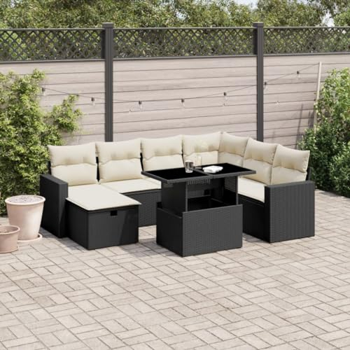 Rantry 8-TLG. Garten-Sofagarnitur mit Kissen Balkonmöbel Gartensofa Gartenmöbel Set Loungesofa Modular Terrassensofa Sitzgruppe mit Tisch Terrassenmöbel Schwarz und Cremeweiß Poly Rattan