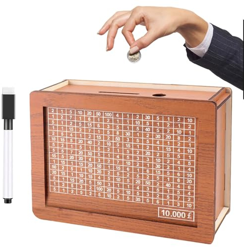 Wooden Money Box for Savings Challenge - 10000 Money Saving Box with Counter for Adult, Wood Money Cash Coin Jar, Personalised 10K Money Saving Bank with Marker & Eraser, Gifts for Kid Adult Teen