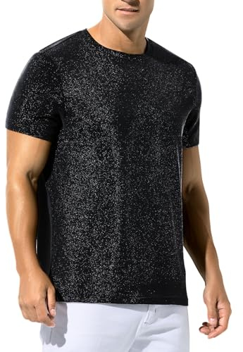 Casey Kevin Men's Shiny Shirts Short Sleeve Sparkly Disco Rave Hot Tops Nightclub Glitter T-Shirt Premium Black M