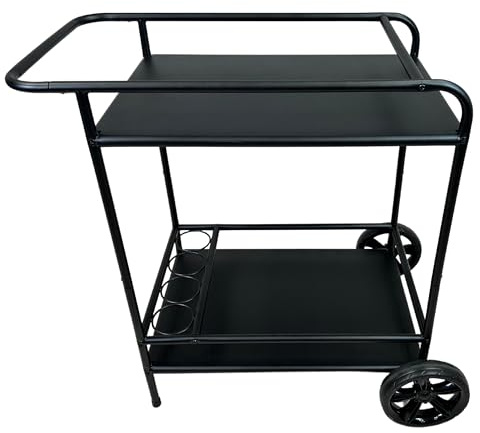 abc HOME Outdoor Servierwagen mit großen Gummirädern – Mobiler Grillwagen mit 4 Flaschenhaltern – Wetterfester Beistellwagen aus Metall – 2 Ablagen – 86 cm Breit – Schwarz