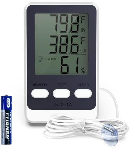 JXTZ Refrigerator Thermometer with External Sensor, LCD Display Indoor Temperature and Humidity Gauge, Fridge and Freezer Thermometer, Max/Min Temperature in 24H, for Aquarium, Refrigerator, Freezer