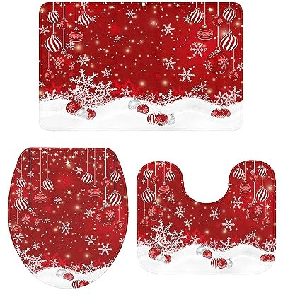Weihnachtliche Badezimmerteppiche und -matten, 3-teilig, rote Weihnachtskugeln, Badezimmer-Set, rutschfester Badteppich-Set mit U-förmigem Teppich, Schneeflocken-Kontur, WC-Vorleger für Badezimmer,