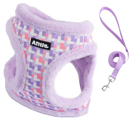AIITLE Fleece gefüttert Hundegeschirr und Leine Set für Spaziergänge - Winter Karierten Schritt in Weste Geschirr, No-Pull Plüsch Hundegeschirr für Outdoor-Gehen, Training für mittlere Hunde lila M