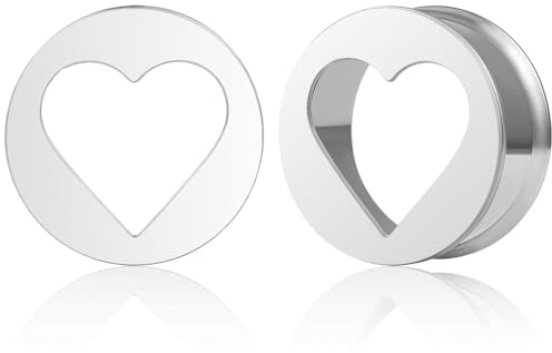 DOEARKO Ecarteur Oreilles Tunnel d'Oreille Acier Inoxydable Coeur Double Évasé Tunnels de Chair Extenseur Piercing Bijoux pour Femmes Hommes 8mm-19mm (Argent, 12mm)