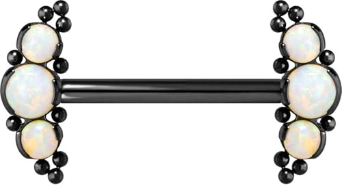 PIERCINGLINE Titan Barbell mit Push Fit 3 SYNTH. OPALE + KUGELN Brustwarzenpiercing Nippelpiercing Schwarz 1,6 x 14 mm