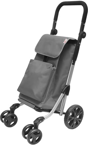 Carro de la Compra con 4 Ruedas giratorias, Bolsas Fabricadas en Textil Junto con Recubrimiento isotermico Interior para Proteger los Productos Frescos. Asa Ajustable y Bolsillo con Cremallera (Gris)
