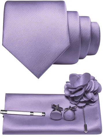 JEMYGINS Herren Krawatte aus Twill mit einfarbigem Design inklusive Pocket Square Manschettenknöpfen Krawattenklemme und Blütenbrosche Geschenkset für Partys Business Hochzeiten Flieder