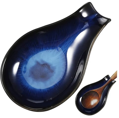 MUCKLILY Repose-cuillère en Céramique Bleu Four à Usage Polyvalent, Support Ustensiles Résistant à La Chaleur pour Plan De Travail, Plat Petit Apéritif Et Coupelle Sauce,