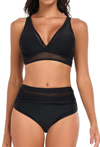 Joweechy Women's Bikini Sets Mesh High Waisted Tummy Control Two Piece Swimsuit Swimming Costumes Black,XL