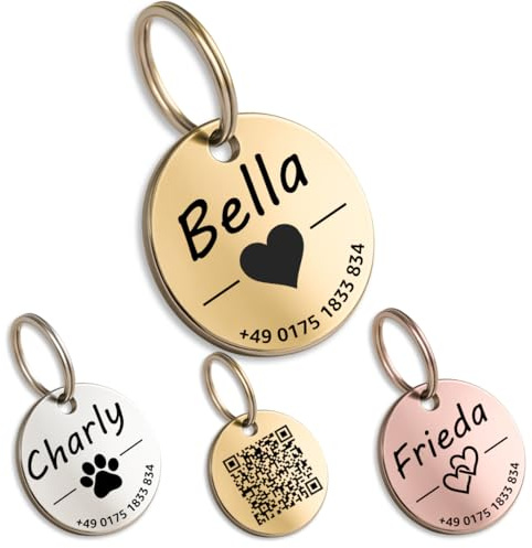 Hundbricka med gravyr – personligt med namn – 23 mm eller 30 mm – silver guld roséguld – namnskylt för halsband – hänge märke för hundar – med symbol – för hundar och katter (30 mm – guld)
