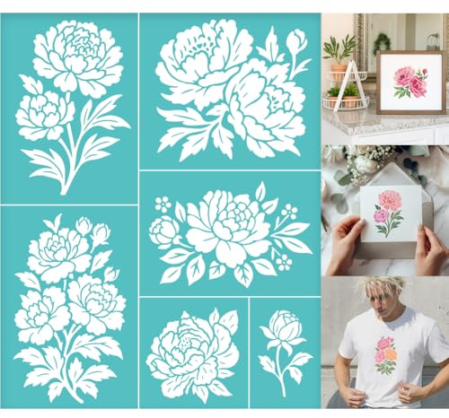 GOMAKERER 2 Blatt Blumen Siebdruckschablone Malschablonen Mit Verschiedenen Pfingstrosen Wiederverwendbar Selbstklebend Siebdruck Für Wandbordüren Holz Stoff Heim Basteln Dekor